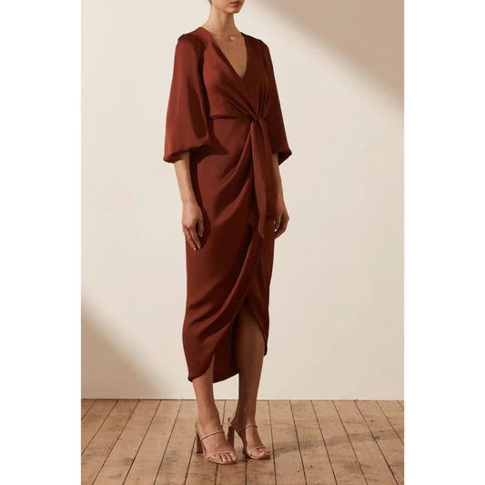 Luxe Tie Front Balloon Sleeve Midi Dress