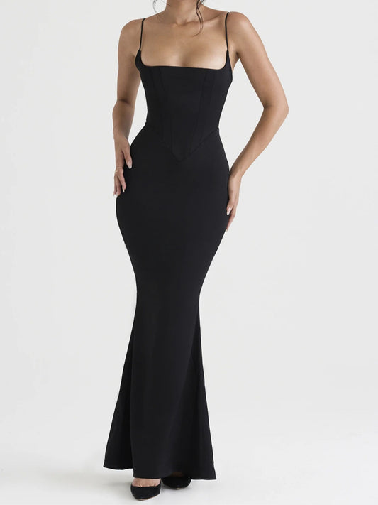 Olivette Black Satin Corset Maxi Dress