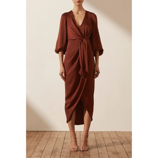 Luxe Tie Front Balloon Sleeve Midi Dress