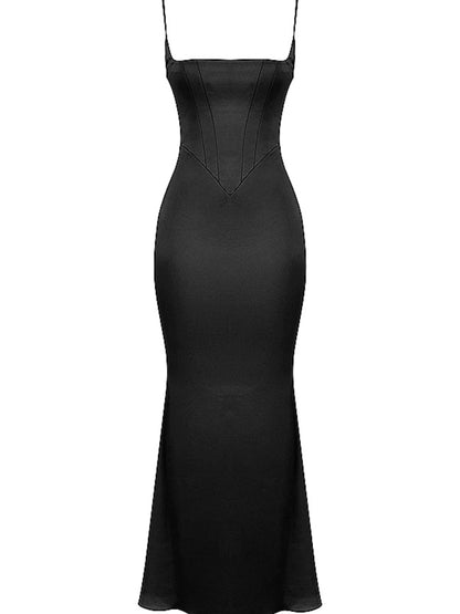 Olivette Black Satin Corset Maxi Dress